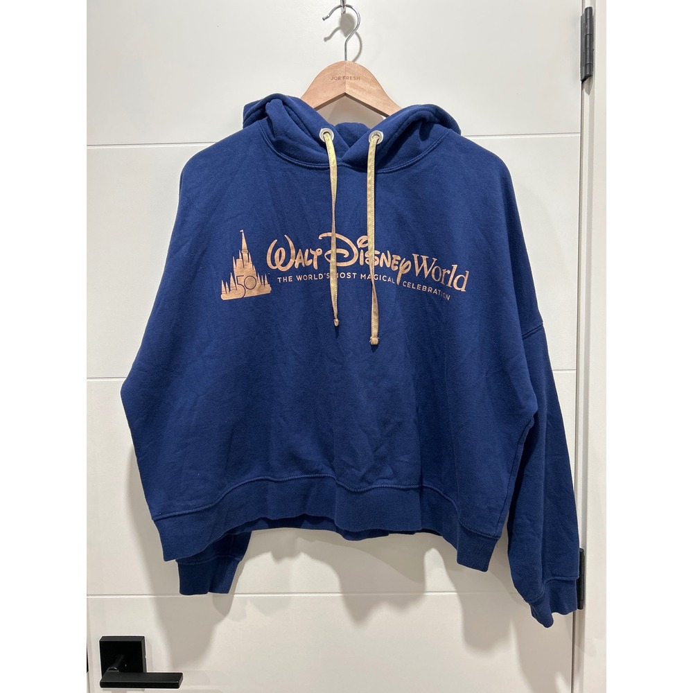 Walt Disney World 50th Anniversary Navy Blue Gold Foil Cropped Hoodie Womens 1X